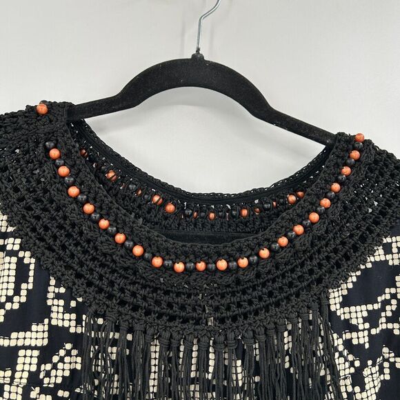 ANTHROPOLOGIE Floreat Abelia Black White Embroidered Fringe Boho Dress Large - Picture 6 of 10